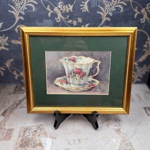 Barbara Mock Rose Teacup Framed Art Print Floral Still Life Gold Frame Vintage